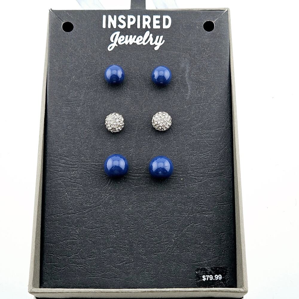 3 Pair Stud Earrings Gift Set Blue And Silver Crystal Sparkle Simple Posts